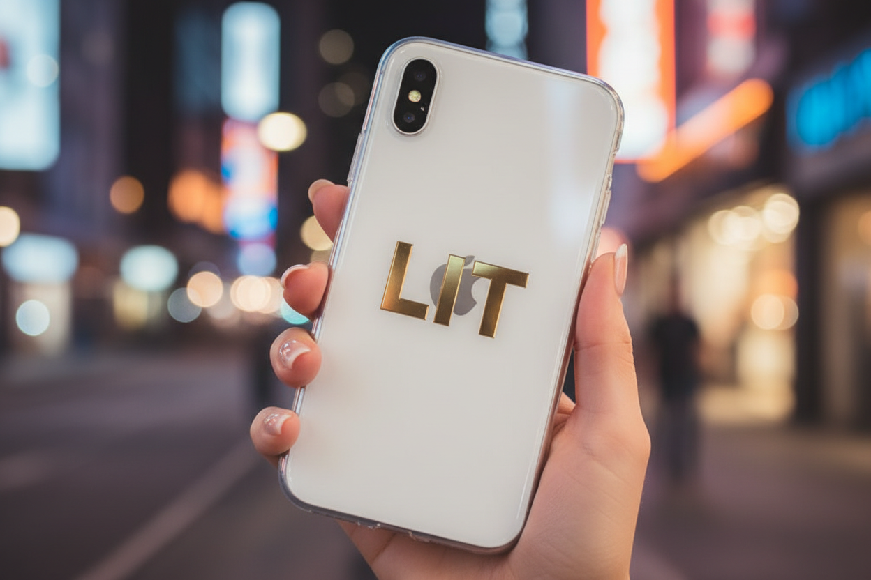 A high-quality, realistic product lifestyle photo of a woman's hand holding a sleek white iPhone. The phone has a transparent case with the word from printful website "LIT" printed in gold, modern -style typography in the center. The woman’s hand are resting naturally on the side of the case, perfectly aligned next to the letter 'L'. Background is a blurry, bokeh-lit city street at night with neon signs. 8k resolution, cinematic lighting, professional product photography.