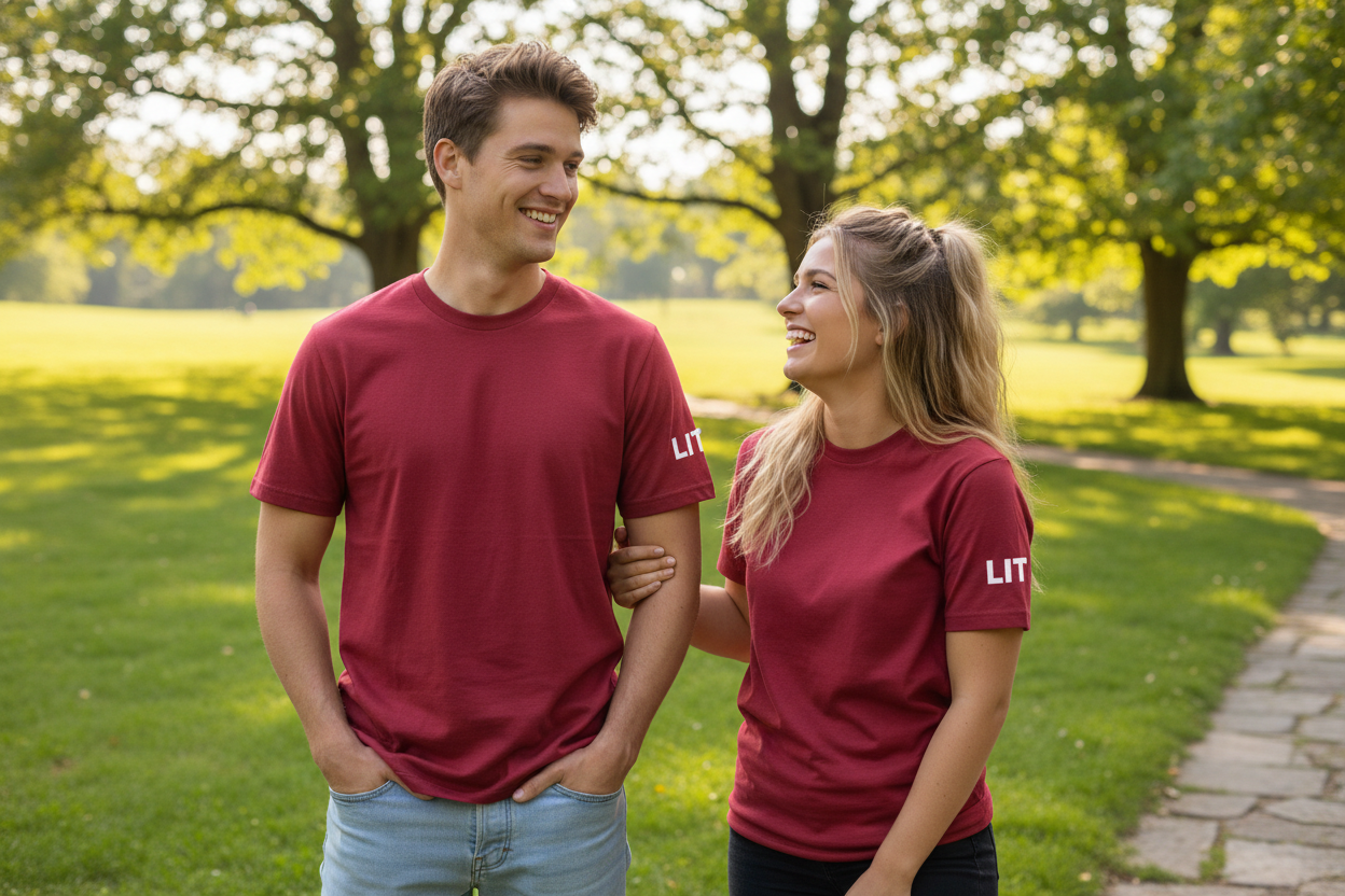 yes i wanted to generate a man and woman 20years old in a parkwearing a red tshirt from printful with my word on the left sleeve the word being LIT not on the front